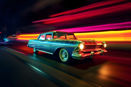 Vintage car on the road at night with motion blur backgroundの素材