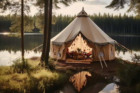 Camping on the shore of a lake with a tentの素材