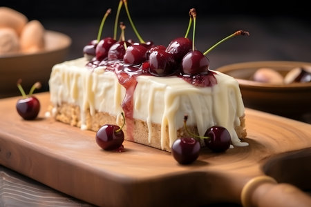 Cheesecake with cherries on a wooden boardの素材