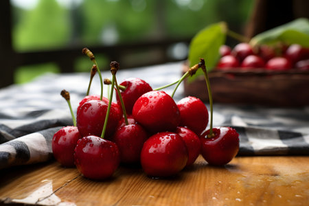 Cherries on a wooden table with water dropsの素材
