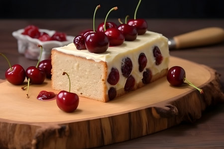 Cheesecake with cherries on a wooden boardの素材