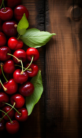 Sweet cherries with water drops on a wooden tableの素材