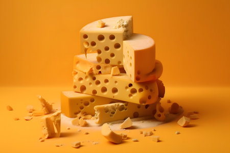 Pieces of cheese with holes on a yellow backgroundの素材