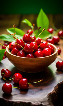 Fresh cherries in a bowl on a wooden backgroundの素材