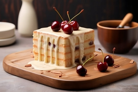 Delicious cheesecake with cherries on wooden boardの素材