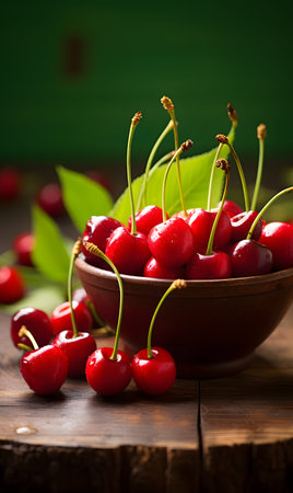 Cherries with water drops on wooden backgroundの素材