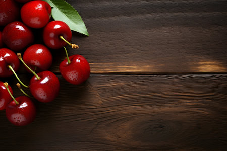 Fresh cherries on a wooden table with water drops on itの素材