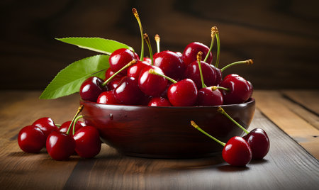 Cherries in a bowl on a wooden backgroundの素材