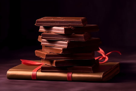 Stack of chocolate bars with red ribbon and bow on black backgroundの素材