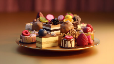 Variety of colorful cakes on a plate on a wooden tableの素材