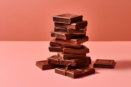 Stack of chocolate bars on red backgroundの素材