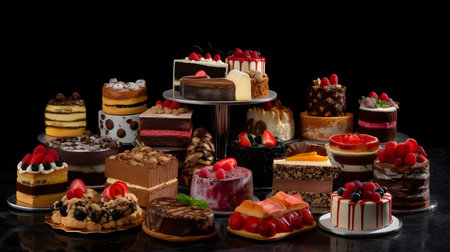 Variety of colorful cakes on black backgroundの素材