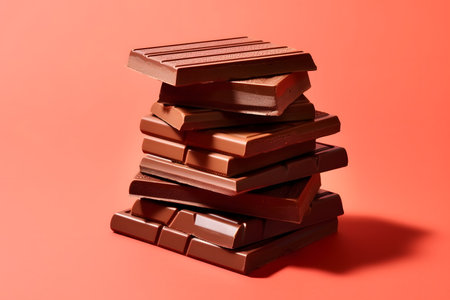 Stack of chocolate bars on red backgroundの素材