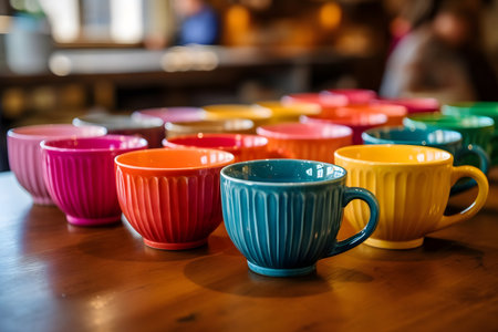 Colorful coffee cups on the tableの素材