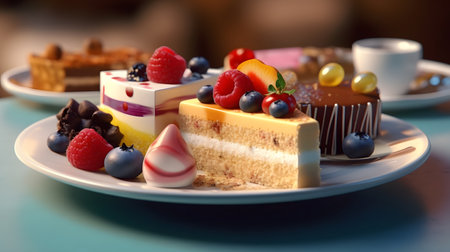 Colorful cakes on a white plate on a wooden tableの素材