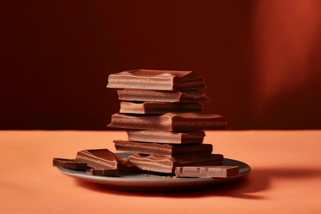 Stack of chocolate pieces on a plateの素材