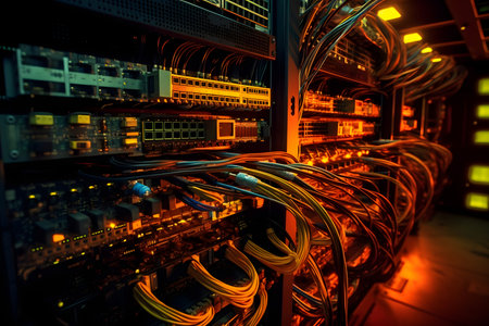 Fiber Optic cables connected to an optic ports in data centerの素材