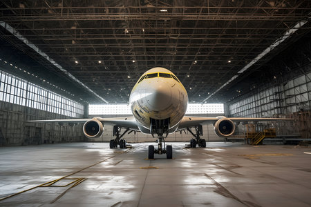 Aircraft on maintenance in airport hangarの素材
