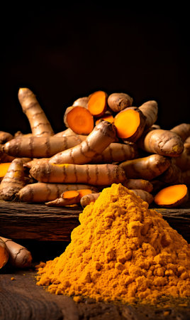 Turmeric powder and fresh turmeric roots on wooden tableの素材