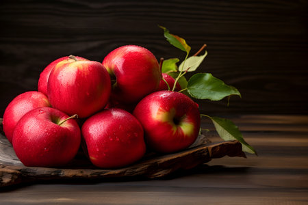 Fresh red apples on wooden backgroundの素材