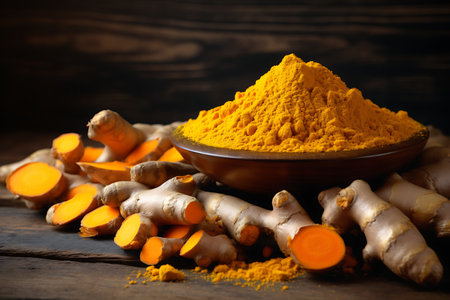 Turmeric powder in bowl on wooden tableの素材