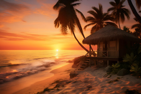 Beautiful sunset on the beach with palm trees and bungalowsの素材