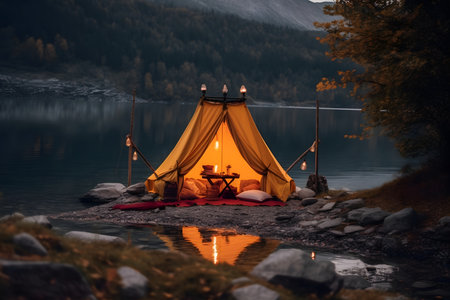Camping on the shore of a mountain lake in the eveningの素材