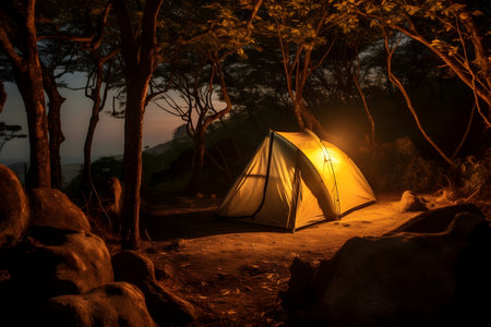Camping on the forest at sunsetの素材