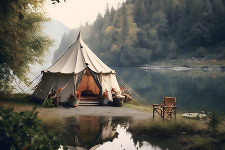 Camping on the shore of a lake with a tentの素材