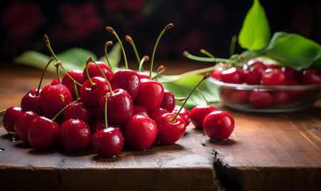 Cherries on wooden table. Fresh cherries on wooden backgroundの素材