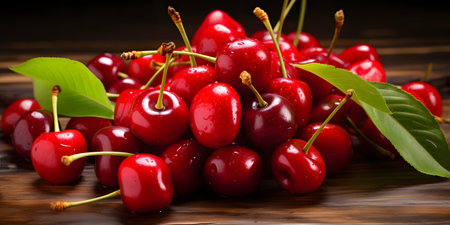 Cherries on wooden table. Fresh cherries on wooden backgroundの素材