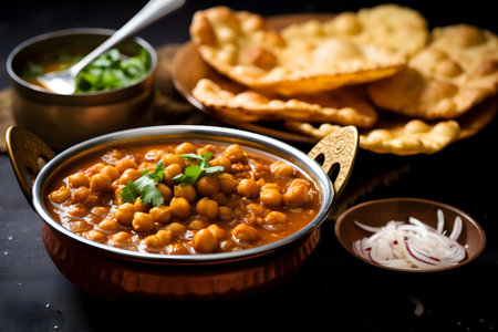 Chickpea curry in a bowl with naan breadsの素材