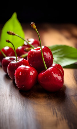 Cherries with water drops on wooden backgroundの素材