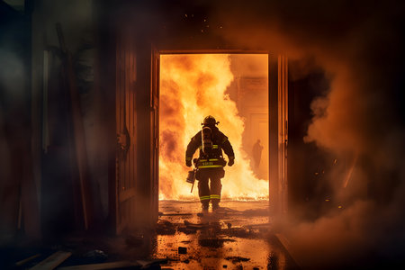 Firefighter fighting a fire in a buildingの素材
