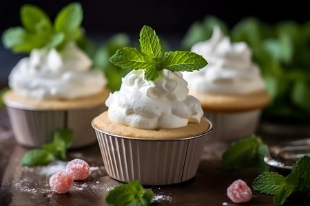 Cupcakes with whipped cream and mint leaves on a dark backgroundの素材