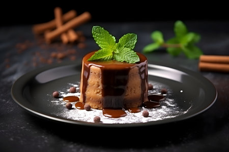 Panna cotta with chocolate glaze and cinnamon on black backgroundの素材