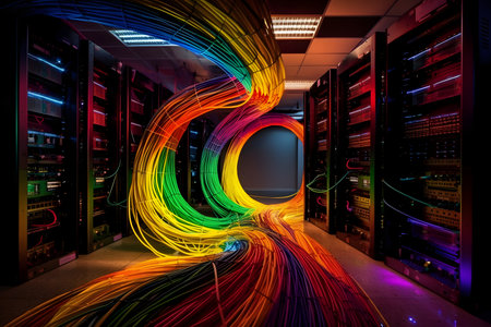 fiber optic with servers in a technology data centerの素材