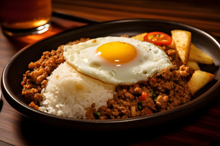 rice and beef with fried egg on topの素材