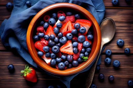 Strawberries and blueberries in a bowl on a wooden tableの素材