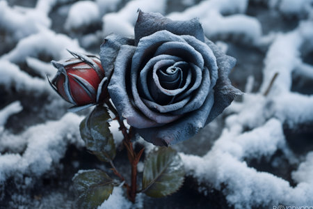 Beautiful frozen black rose background of the snowの素材