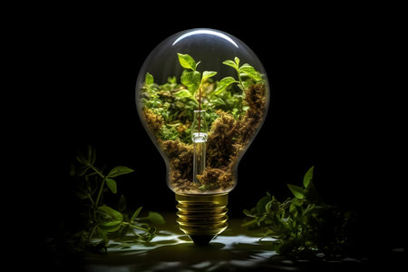 Green plant inside light bulb on black backgroundの素材