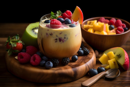 A bowl of fruit smoothie with a fruit saladの素材