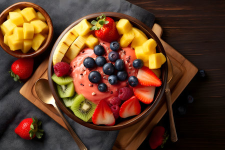 Healthy fruit salad bowl with strawberries, blueberries, kiwi, mango and coconut milk on wooden backgroundの素材
