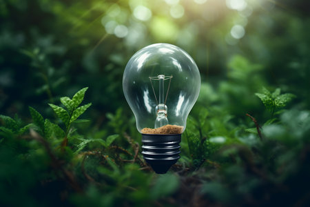 Light bulb in the green forest. Green energy and ecology conceptの素材