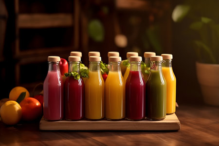 Juices in bottles on a wooden tableの素材
