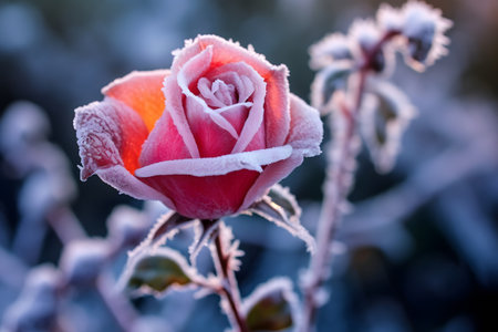 Beautiful pink rose covered with hoarfrost on a cold winter dayの素材
