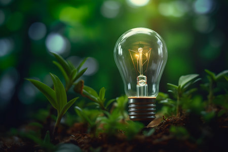 Light bulb in the green forest. Green energy conceptの素材