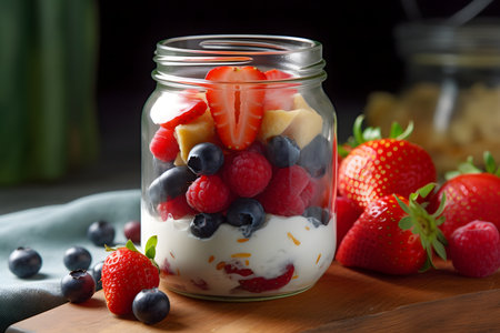 Mixed fruit salad in a jar on a wooden tableの素材