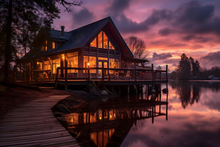A house on the lake at sunsetの素材