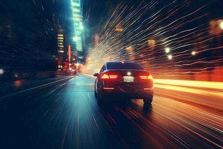 Vintage car on the road at nightの素材